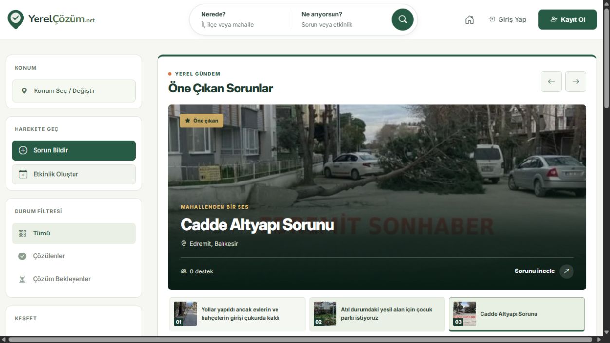 YerelÇözüm.net ana sayfasında yerel sorunlar ve topluluk katılımı